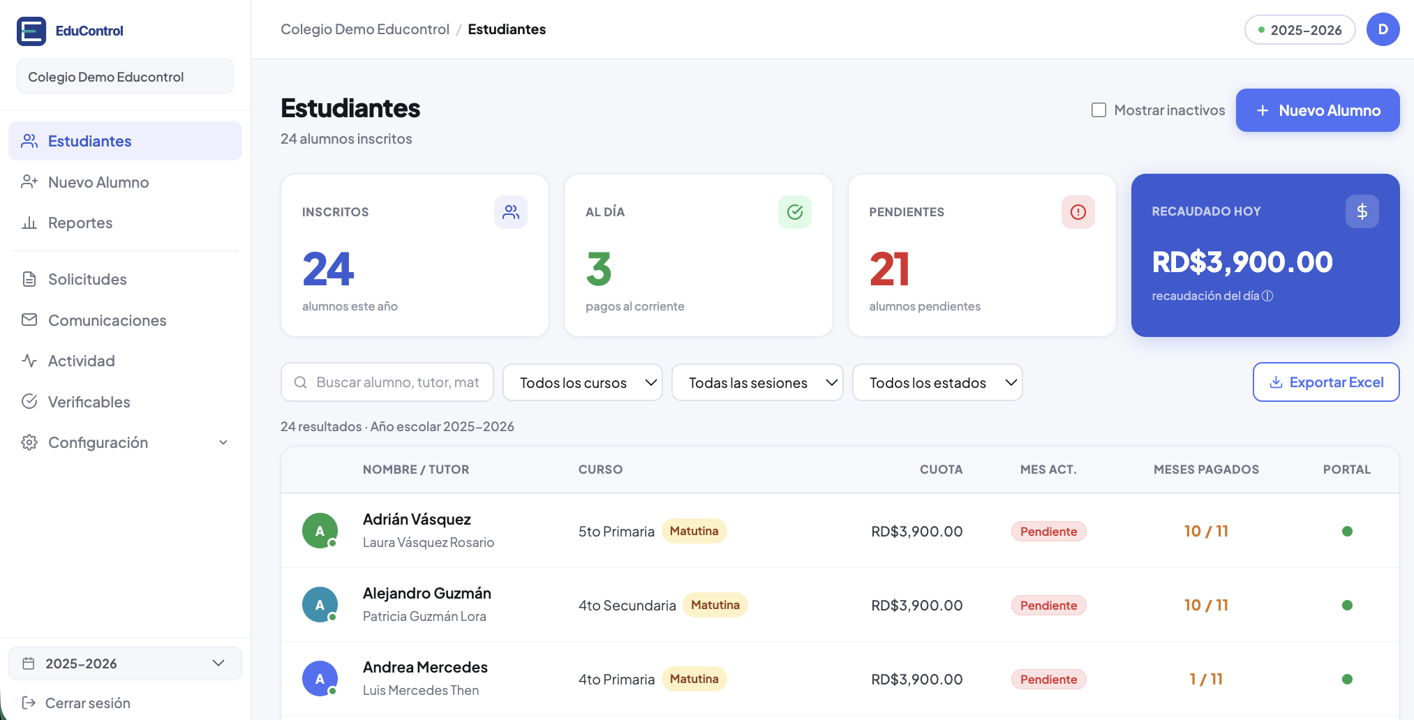 Dashboard principal EduControl